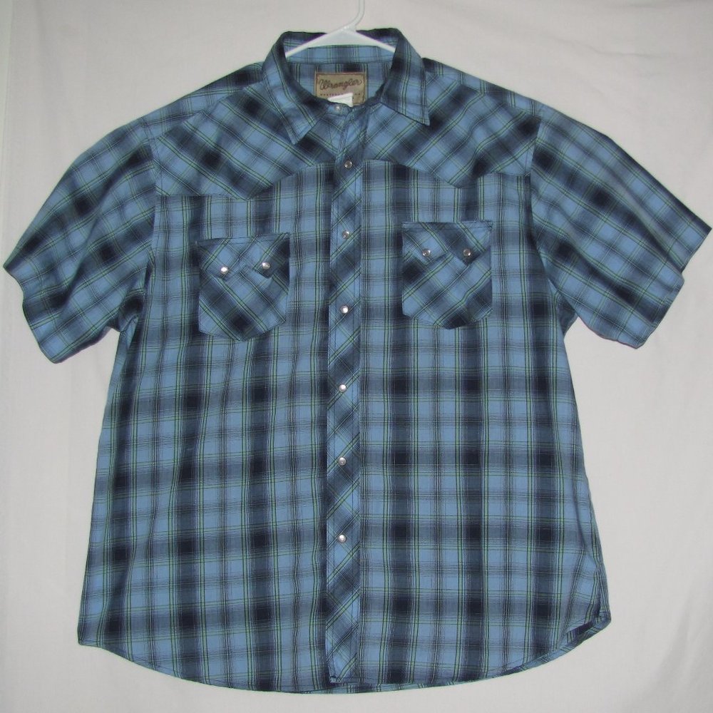 Mens' Vintage Wrangler Plaid Short Sleeve Pearl Snap Western Shirt Size XL